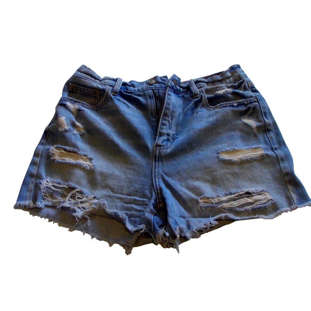 Cello Womens Distressed Denim Shorts Light Wash Frayed Hem Size M High Waisted